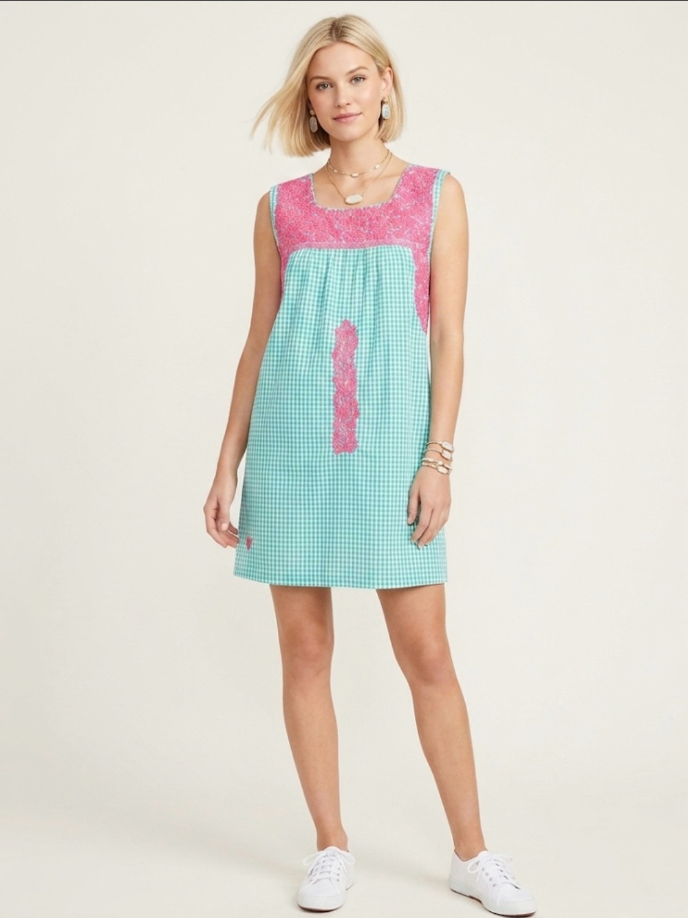 J. Marie Green Gingham Embroidered Shift Dress Small EUC Boho Oaxaca Cottagecore